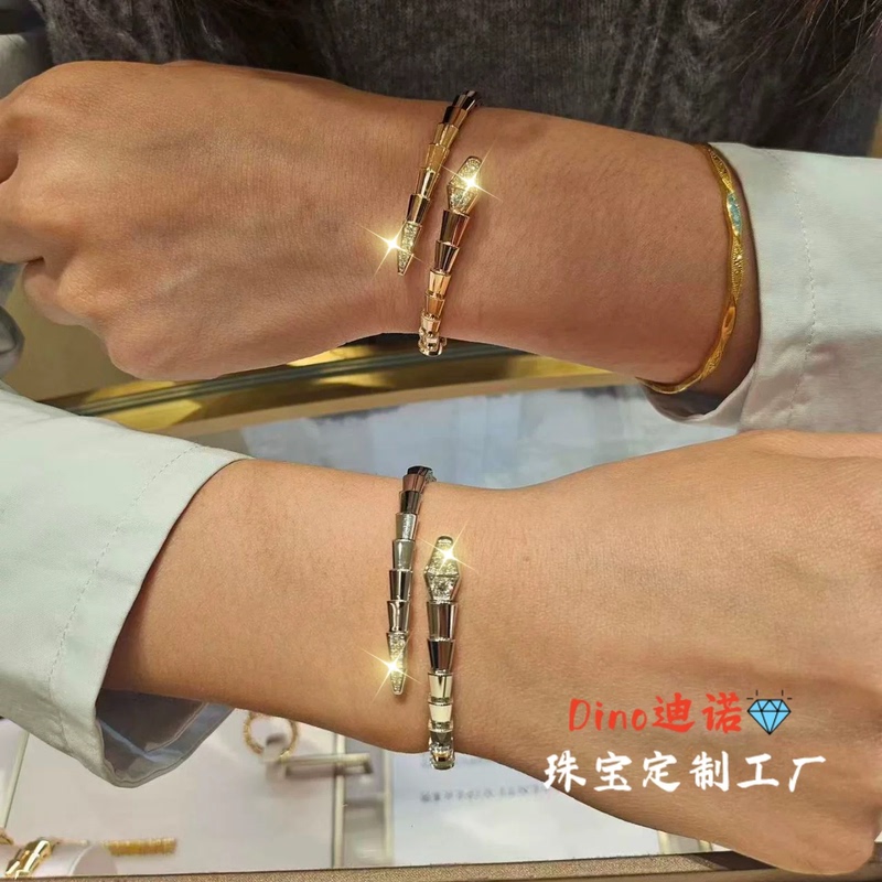 18K Rose Gold Au750 Snake Bone Full Diamond Bracelet, White Gold and Gold with Diamonds at the Ends, Elastic Snake-Shaped Diamond-Encrusted Couple's Model 18K Rose Gold Au750 Snake Bone Full Diamond Bracelet, White Gold and Gold with Diamonds at the Ends, Elastic Snake-Shaped Diamond-Encrusted Couple's Model