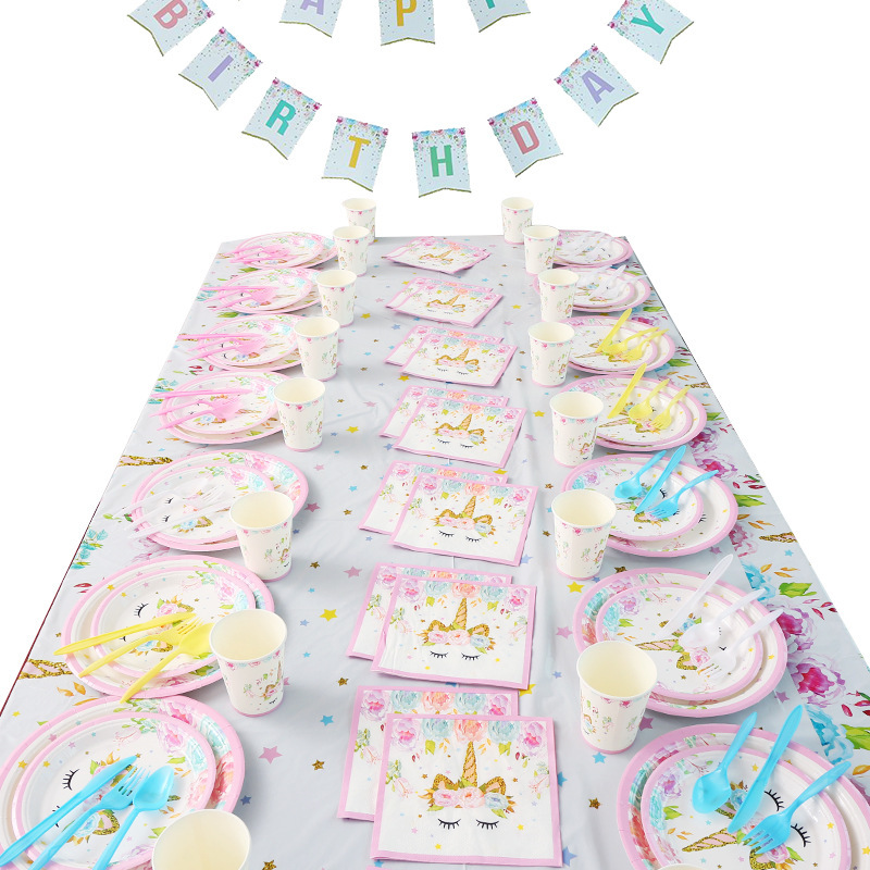 Unicorn Birthday Party Unicorn Set Paper Cups Plates Napkins Tablecloth Flags Plastic Tableware Invitation Cards