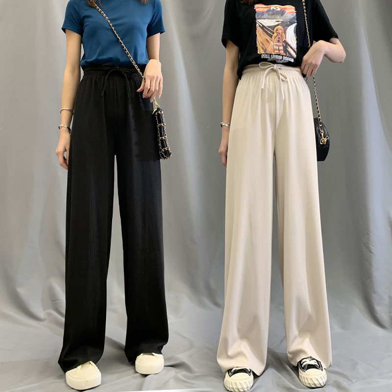 Korean Ice Silk Broadlegged Pants Woman High Waist Pituitary Comfort 2021 New Spring Summer New Tug Casual Straight Drum Long Pants