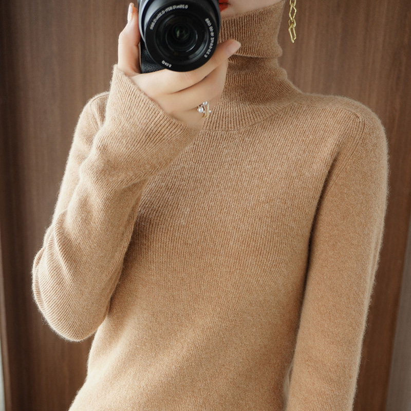 Foreign Pie High Collar Bottom Jersey Woman Autumn Winter New Fashion Inner Hitch Wool Knit Cardiovert High Collar Pure Color Long Sleeve Sweater