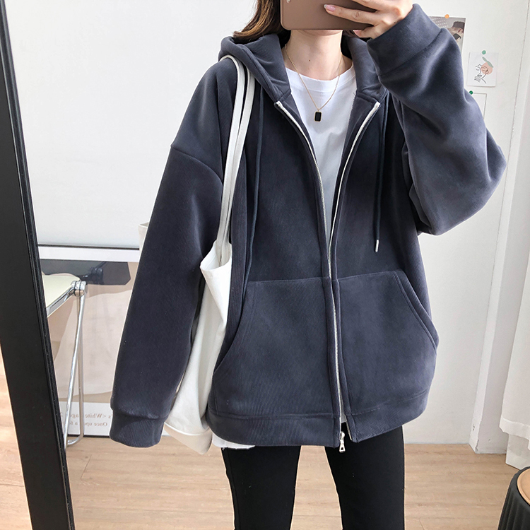 Velvet sweater women's 2020 new autumn and winter thickened loose lazy thickened double layer composite zipper hooded jacket