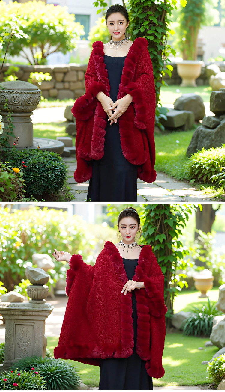 复古大码宽松毛领加绒厚斗篷披肩女蝙蝠袖中长款披风外搭毛呢外套详情4