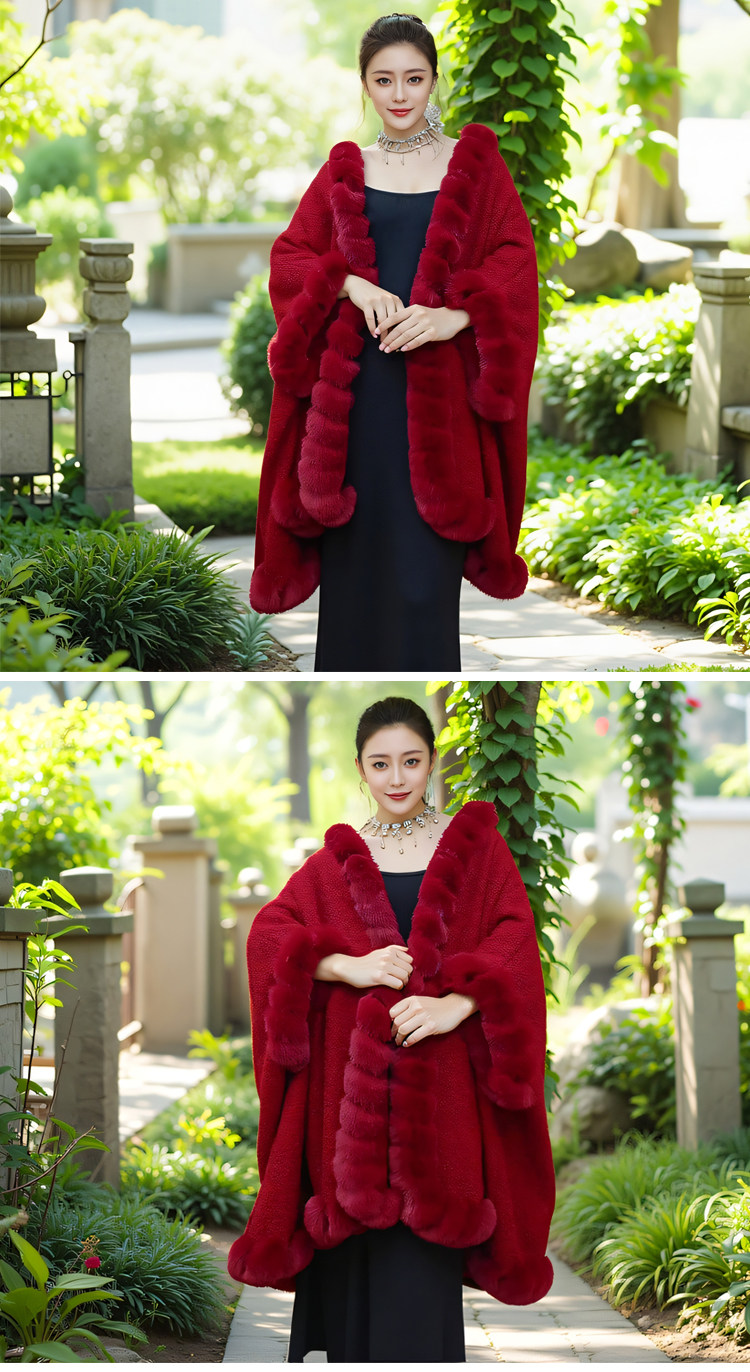 复古大码宽松毛领加绒厚斗篷披肩女蝙蝠袖中长款披风外搭毛呢外套详情5