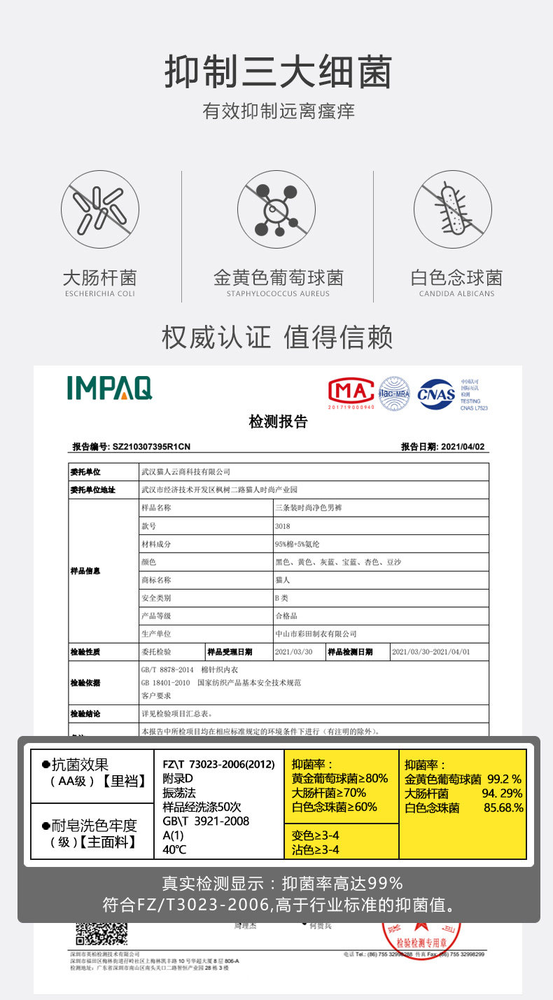 猫人 男士抗菌纯棉透气内裤 3条 图8