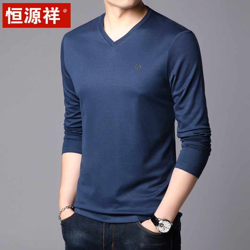 Hengyuan Xiang Men Long Sleeve T-shirt Spring Autumn Season V Collar Thin section V collar T-shirt pure color Inner lap clothes loose men's clothing