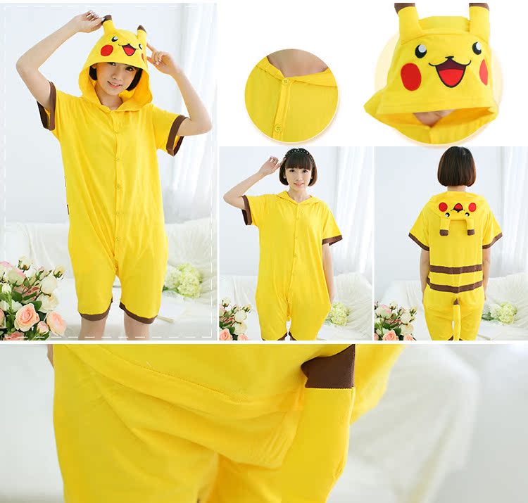 Thiếu niên mùa hè bông một mảnh đồ ngủ nam giới và phụ nữ trẻ em lớn bông ngắn- tay phim hoạt hình động vật jumpsuit mùa hè đồ ngủ cute