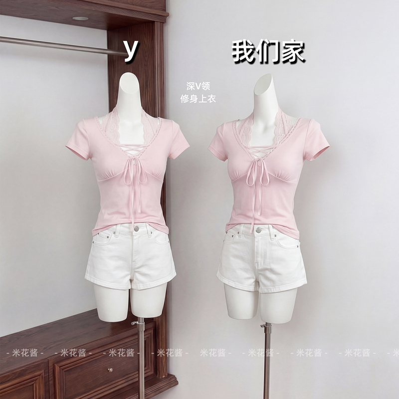 Mi Hua Jiang Korean-Style Pink Lace V-Neck Short-Sleeve T-Shirt for Women, Summer Slim-Fit Design with Tie-Up Detail