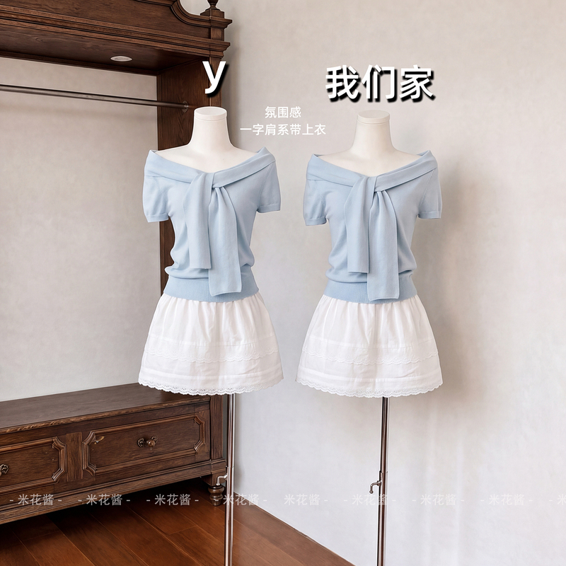 Mi Hua Jiang Original Off-Shoulder Twist Knit T-Shirt for Women, Summer High-End Slim Fit Short Sleeve Top Mi Hua Jiang Original Off-Shoulder Twist Knit T-Shirt for Women, Summer High-End Slim Fit Short Sleeve Top