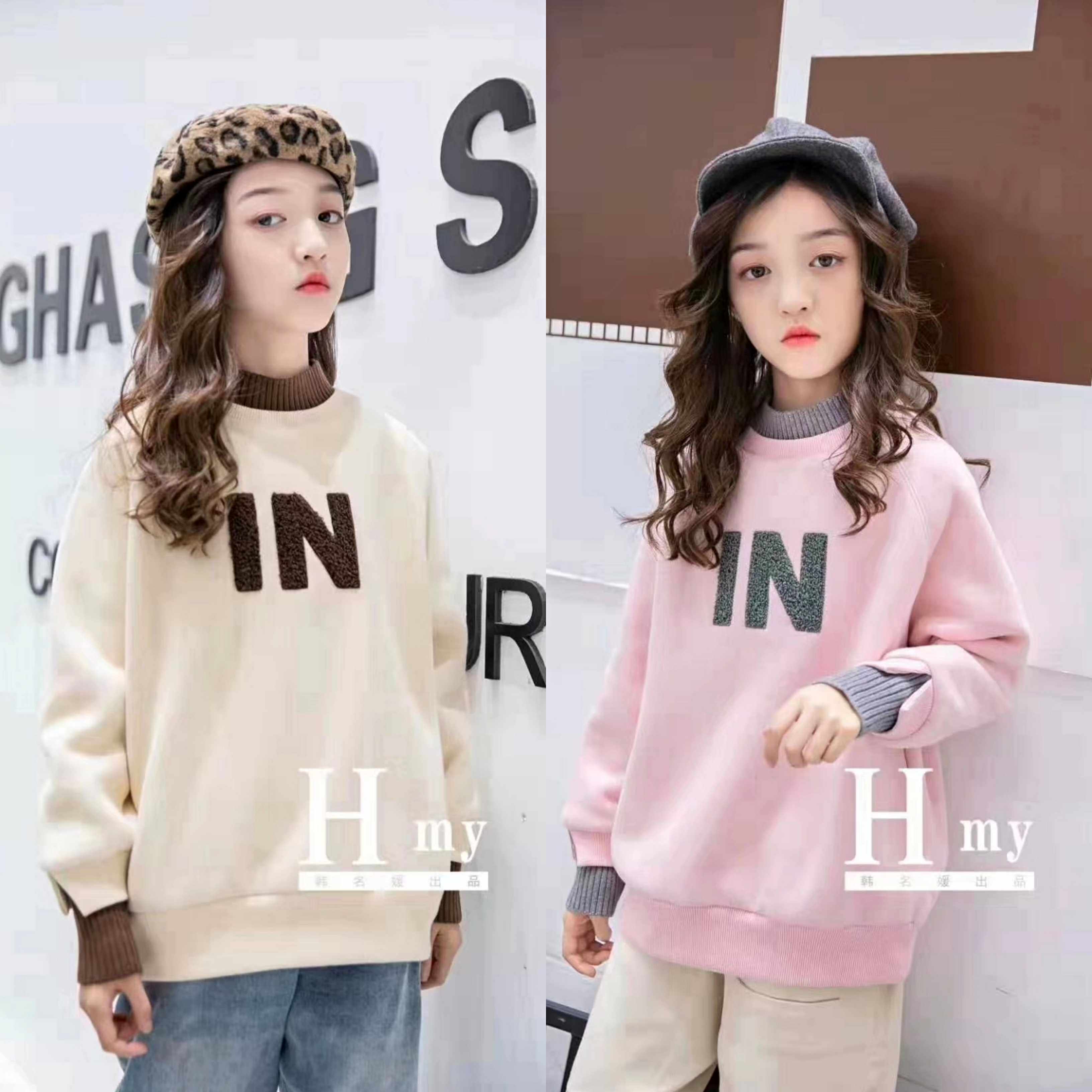 Korean celebrity brand children's clothing girls middle and big children 2022 autumn and winter new half-high collar plus velvet cotton sweater