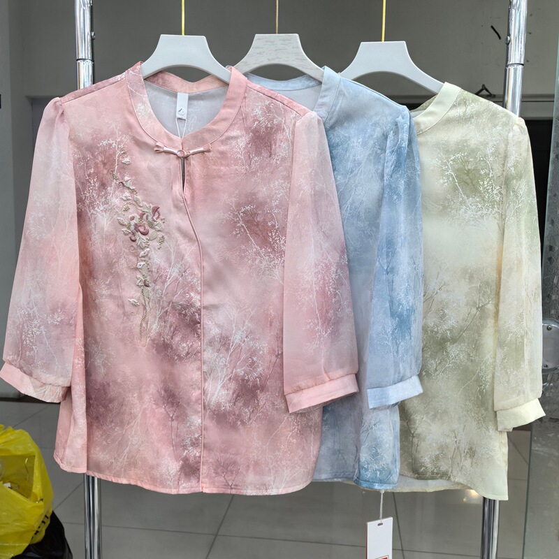 Syl8018 New Chinese-Style Embroidered Printed Three-Quarter Sleeve Shirt for Women, Stylish and Age-Reducing Chinese-Style Jacket Top