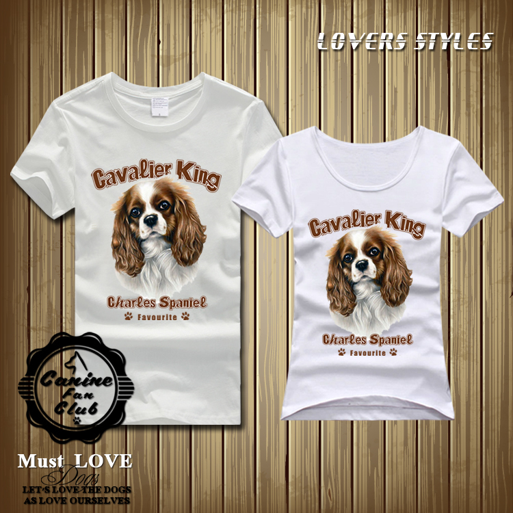Dog Pattern Short-Sleeved Charles Spaniel Printed T-Shirt for Men and Women, Couple Wear, Dog Fan Clothing, Pure Cotton Round Neck Shirt