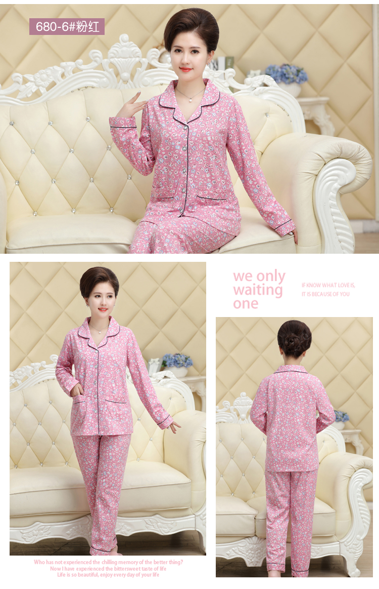 Bộ đồ ngủ trung niên ở Nam Cực dành cho nữ mùa hè đầy đủ cotton dài tay mùa xuân và mùa thu XL phục vụ nhà giản dị bộ mặc nhà
