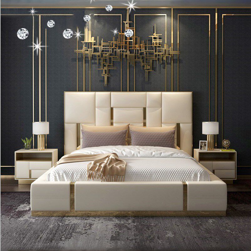 Postmodern light extravagant headboard American minimalist port style master bedroom with double bed leather art soft bag main sleeper-style bed custom-made-Taobao