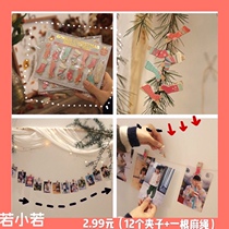 68) New Year Christmas Hostel Home Decoration Wooden Photo Photo Clips 12 Clips Hemp Rope