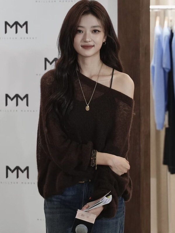 Sun Qian Style Semi-Sheer Korean Loose Cashmere Sweater, Lazy Style Off-Shoulder Knit Top for Women, Unique Design Niche Sweater