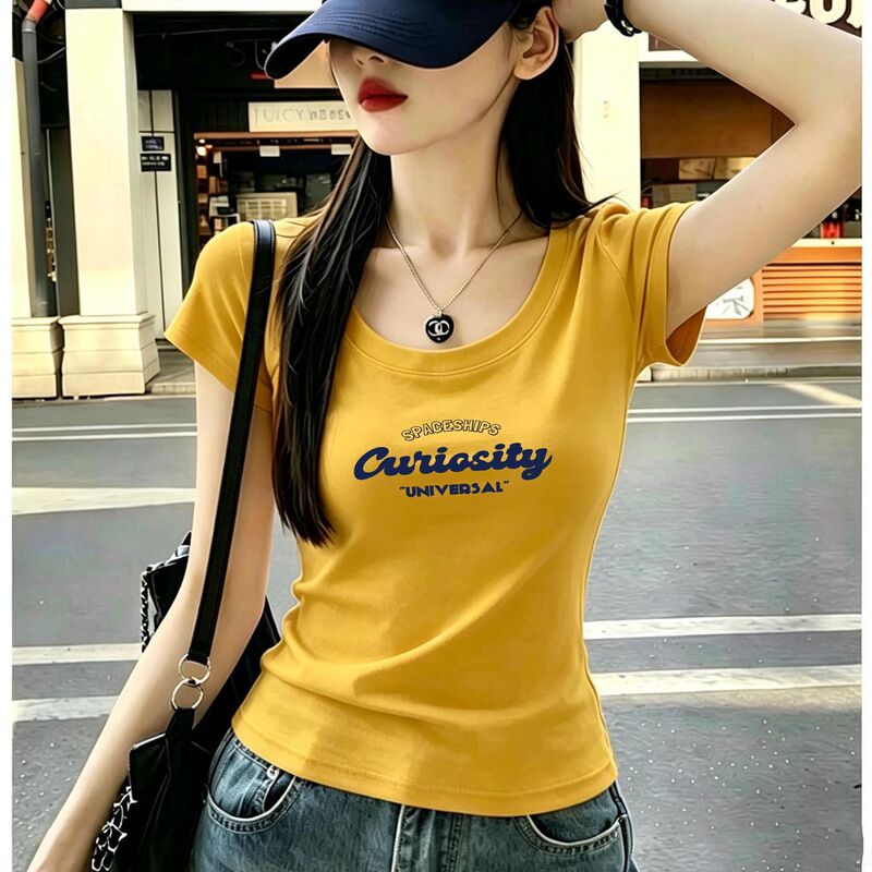 【Hot Item】 Ginger Yellow Short-Sleeve T-Shirt for Women, Round Neck, Slim Fit, New Summer Style, Plus Size, Versatile, Slimming Cotton Top 【Hot Item】 Ginger Yellow Short-Sleeve T-Shirt for Women, Round Neck, Slim Fit, New Summer Style, Plus Size, Versatile, Slimming Cotton Top
