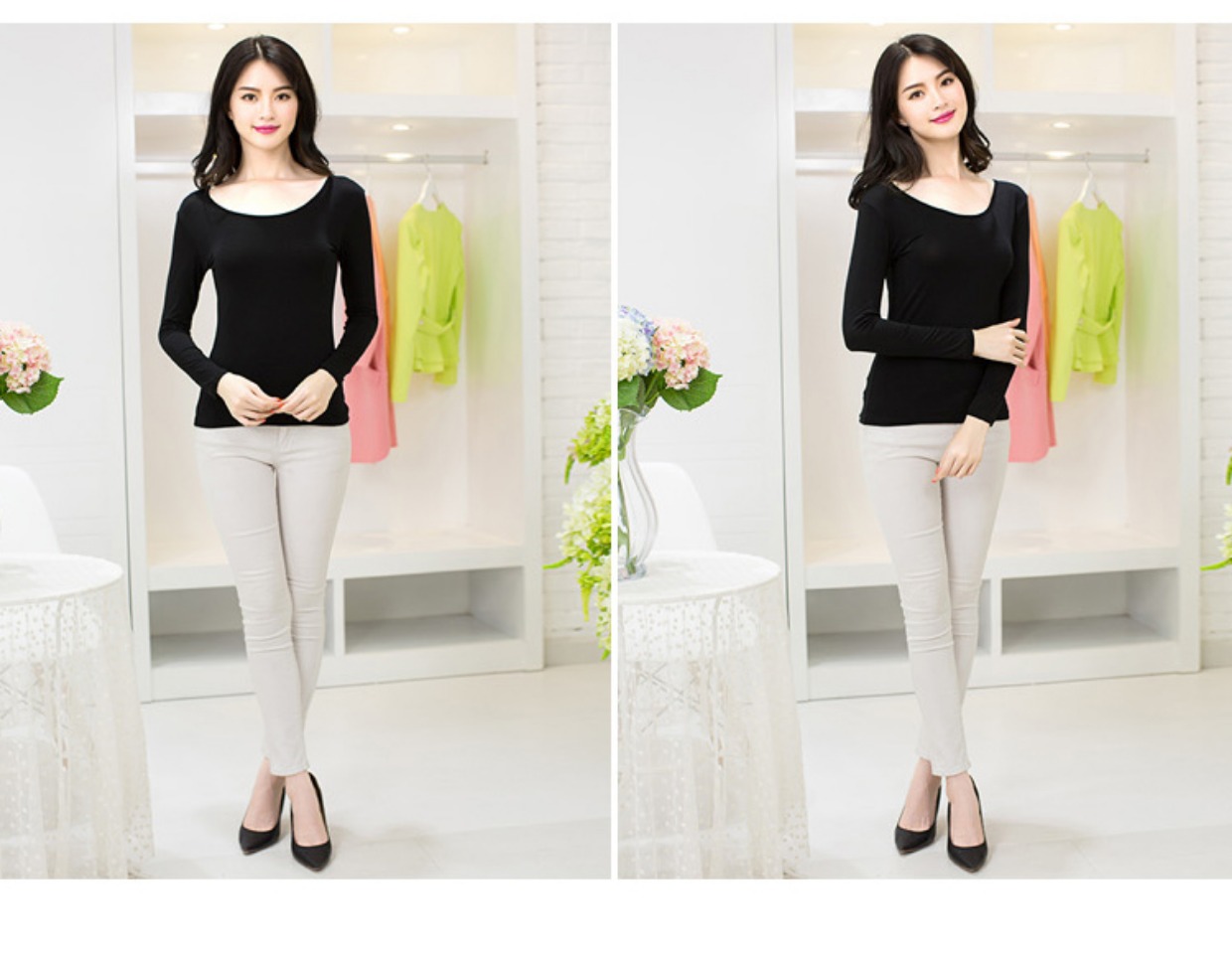 Modal đen đáy áo sơ mi nữ dài tay mùa xuân và mùa thu mỏng phần cổ tròn lớn Slim màu hoang dã kích thước lớn áo thun mùa thu quần bò nữ đẹp