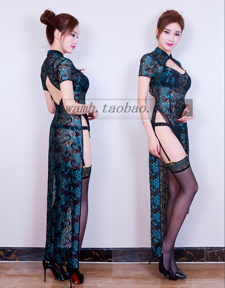 Sexy retro ren tạp dề vài đồ lót phụ nữ phối cảnh sườn xám đồng phục con công vớ lụa đồ ngủ lụa