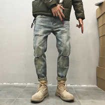 Xu Tailang @ autumn jeans Joker youth hole micro-break slim slim slim beggar men mens trousers wool edge ankle-length pants