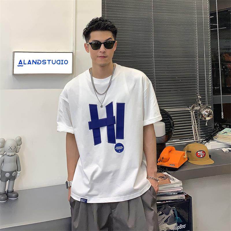 Xu Tailang letter panels short sleeve t-shirt men's ins summer tide brand trend heavy cotton five-quarter sleeve loose top