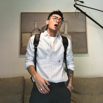 Xu Tailang Korean version of the trend handsome trendy mens long sleeve shirt American tooling stripes Joker casual white shirt jacket