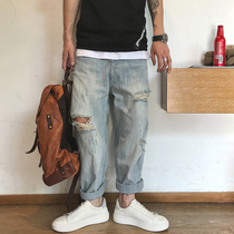 Xu Tia Lang Studio Lang Shu original American street trend MEN Micro-span wide feet broken hole denim ankle-length pants summer