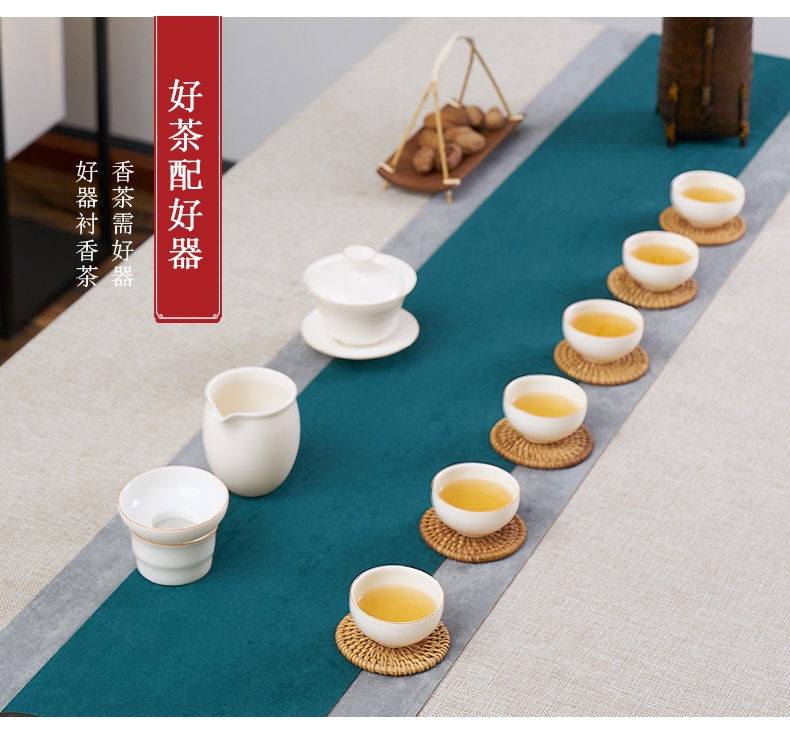 Han and tang dynasties suet jade white porcelain tea set ceramic checking household tureen kung fu tea set 10 sets of a complete set of cups