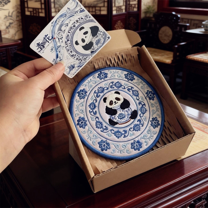 Panda Embroidered Blue and White Porcelain Fabric Tea Coaster, Non-Slip Placemat for Home Use, Gift Box for Foreign Friends during Holidays
