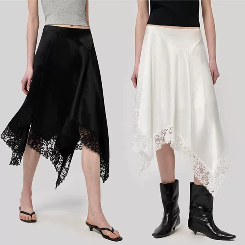 K*/American Eastman Satin-Like Textured Irregular Patchwork Lace Acetate Skirt for Women, New Summer Style, Suitable for Layering