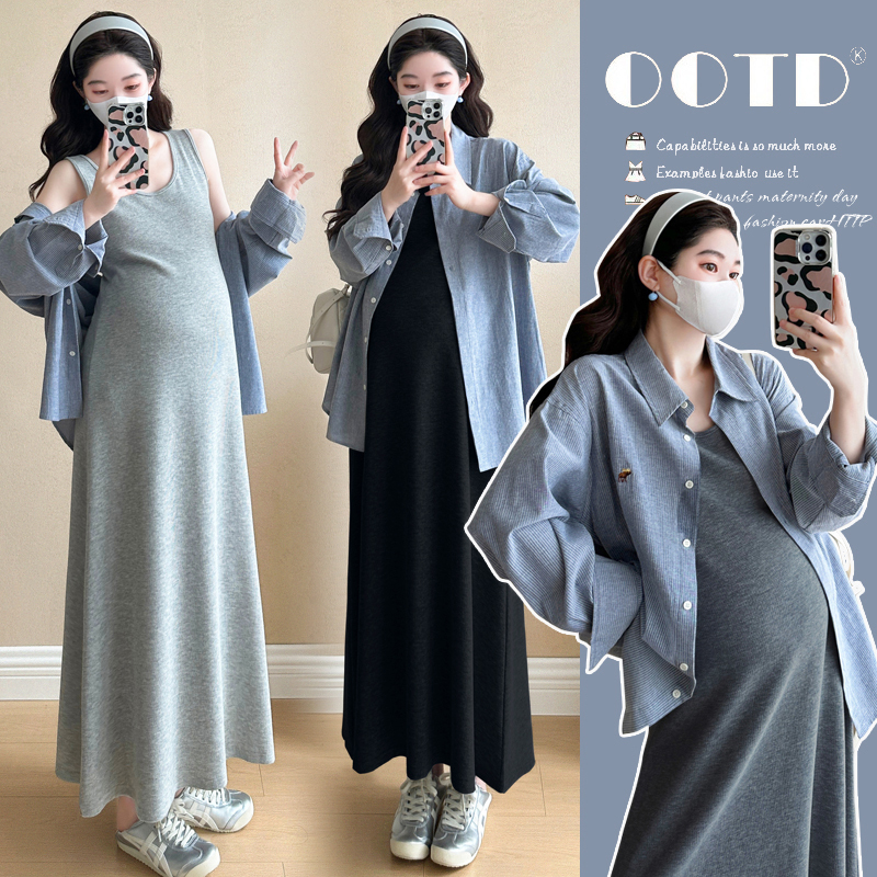 Maternity Wear Autumn Outfit Trendy Mom Pregnancy Outfit Early Autumn Lazy Style Shirt Two-Piece Set Vest Dress Spring and Autumn