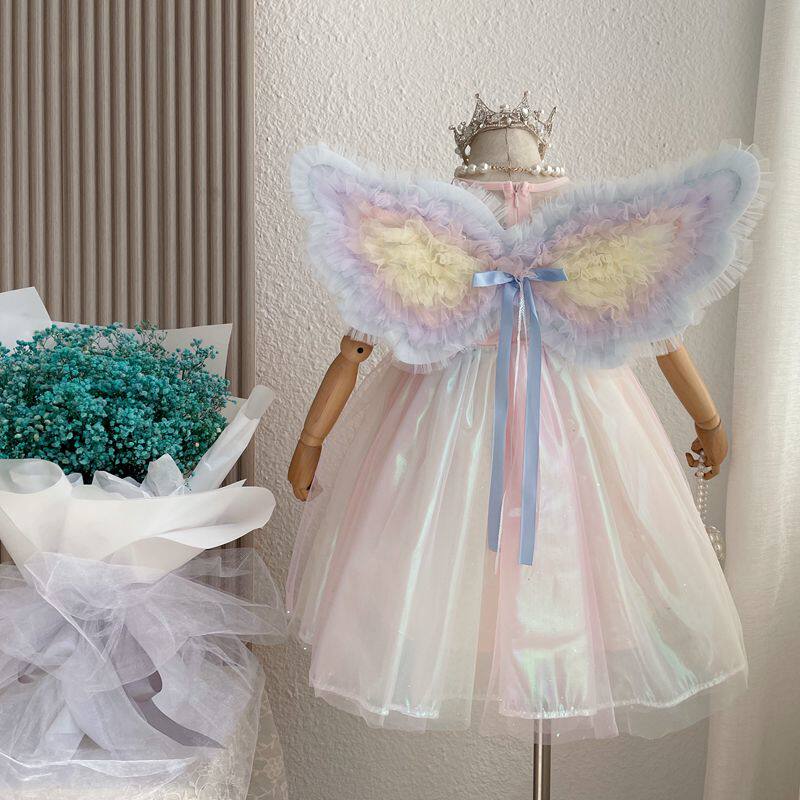 Girl's Summer 2022 new children Rainbow Butterfly Wings Princess Lieven Dress Baby Birthday Dress Rehearsal
