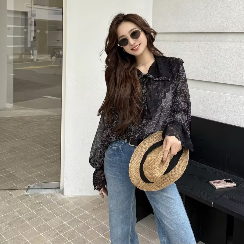 Ye Xin【Mozhi】Ink Wash Lace Style Shirt for Women, Spring New Floral Niche Design Long Sleeve Top