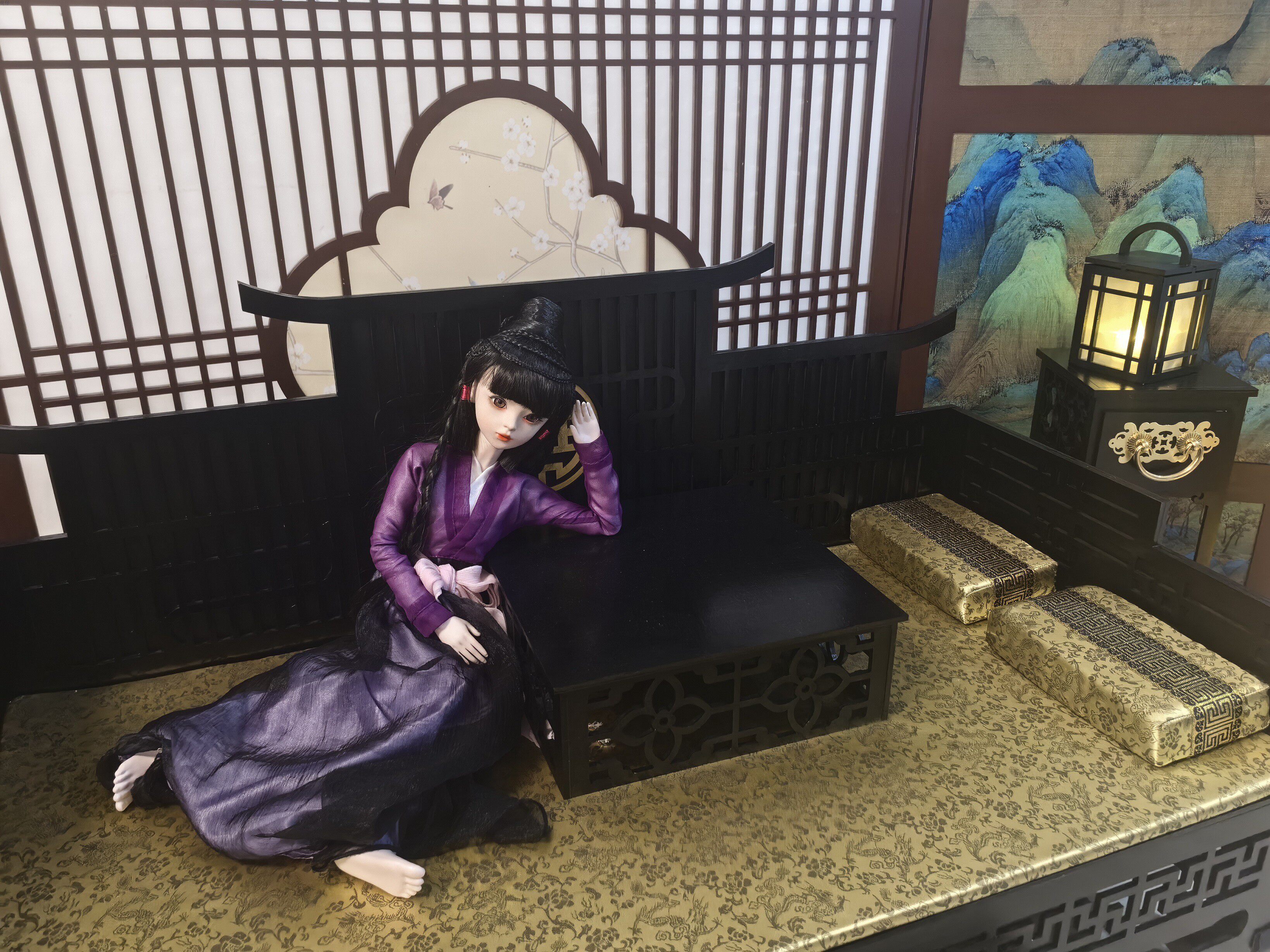 bjd场景道具娃屋 三分四分娃大叔古风床 bjd罗汉床 叔体床榻 4分bjd娃用古风家具
