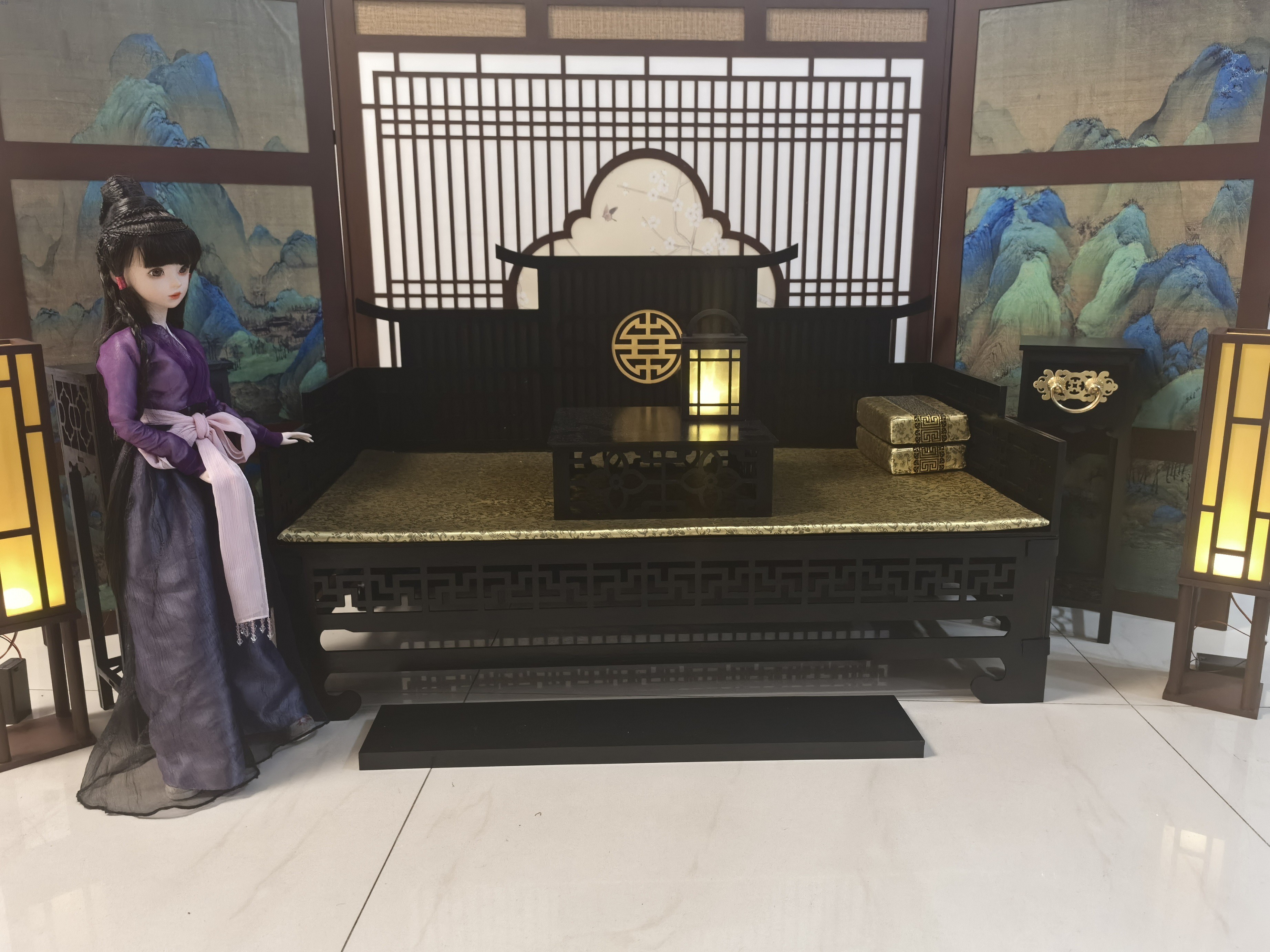 bjd场景道具娃屋 三分四分娃大叔古风床 bjd罗汉床 叔体床榻 4分bjd娃用古风家具