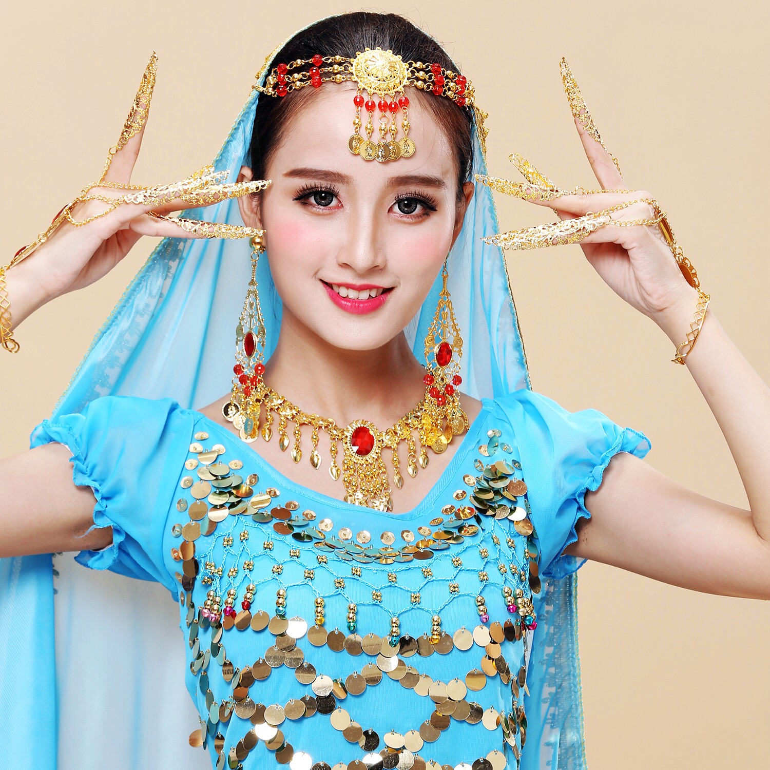 Special price India Dance Performance Accessories Head Chain Earrings Pendant Necklace handmade Belly Leather Dance Clothing Head Scarves