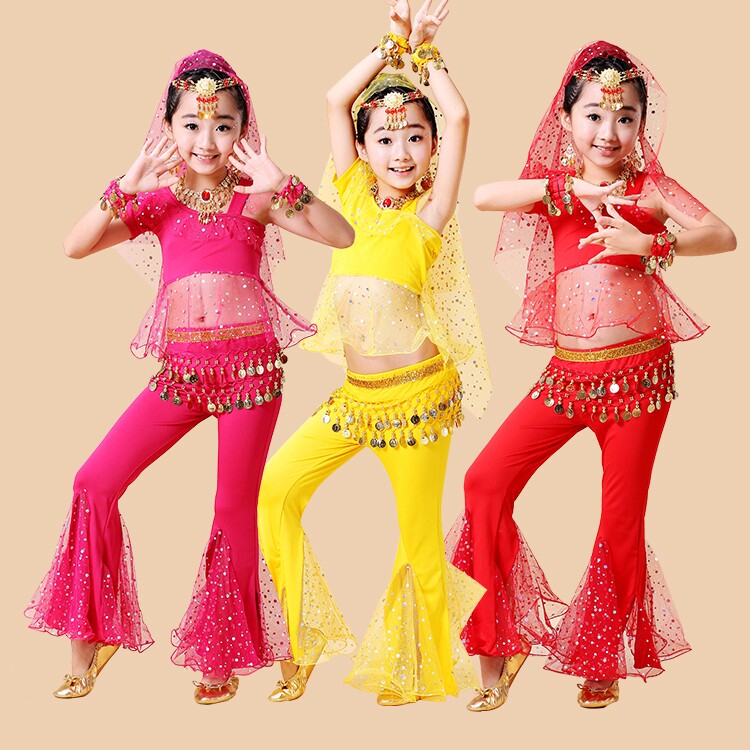 61 children's belly dance suit pants girl folk dance Xinjiang dance color dot young Indian dance performance costumes
