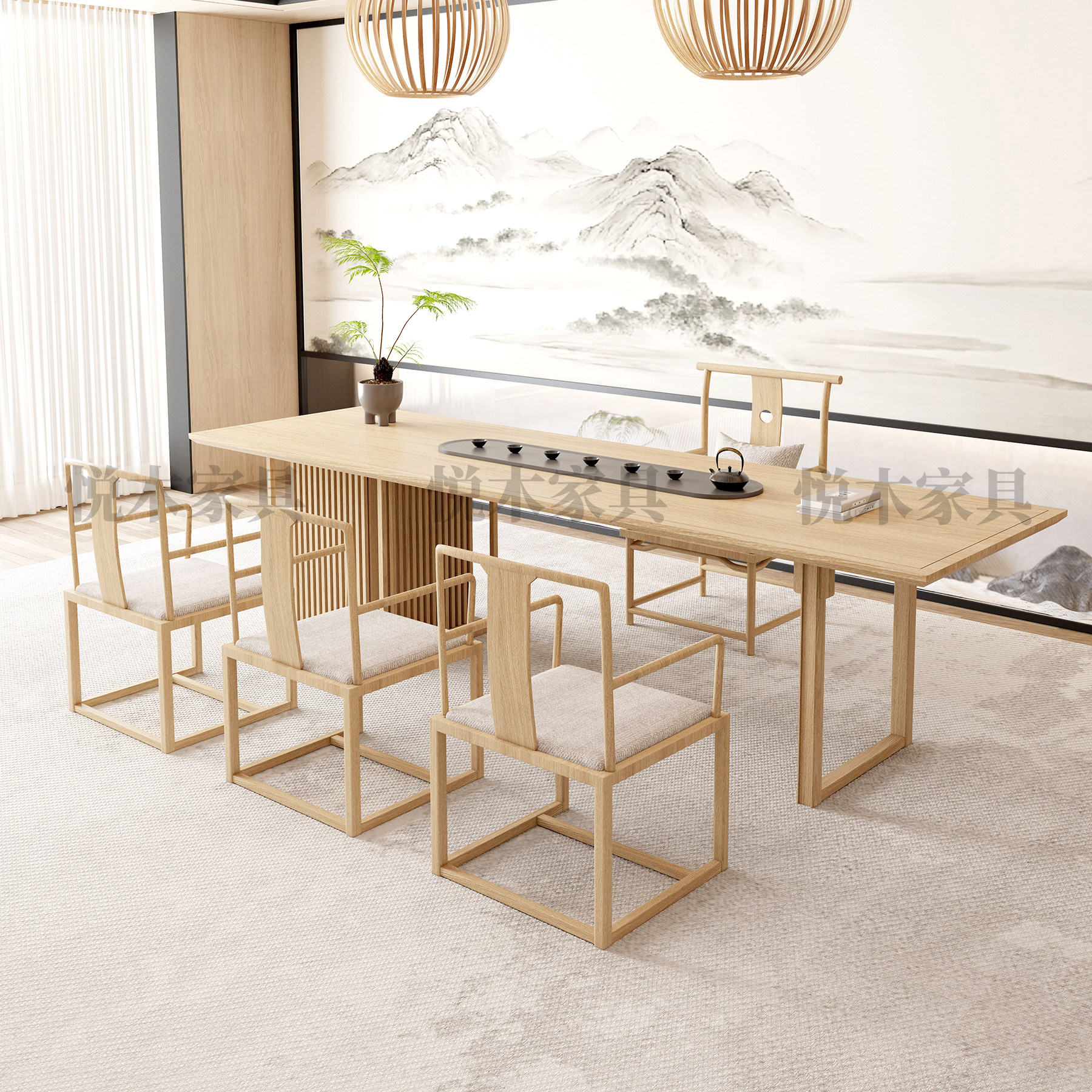 新中式白蜡木茶桌禅意茶室办公喝茶桌会客接待茶空间实木茶台家具