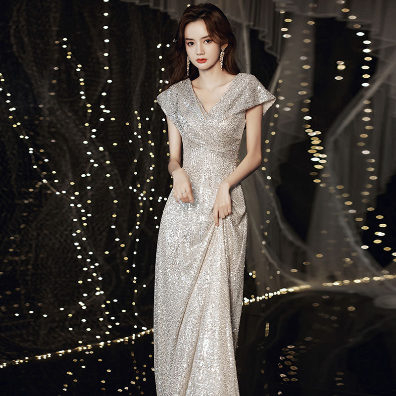 Evening Dress 2026 New Style, Elegant V-Neck Sequin Niche Light Luxury Performance Host Dress, Champagne Color Long Style