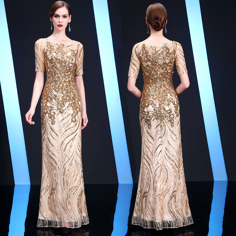 Golden Evening Dress 2026 Spring and Autumn New Style Banquet Elegant Socialite Host Banquet Party Dress for Women Golden Evening Dress 2026 Spring and Autumn New Style Banquet Elegant Socialite Host Banquet Party Dress for Women