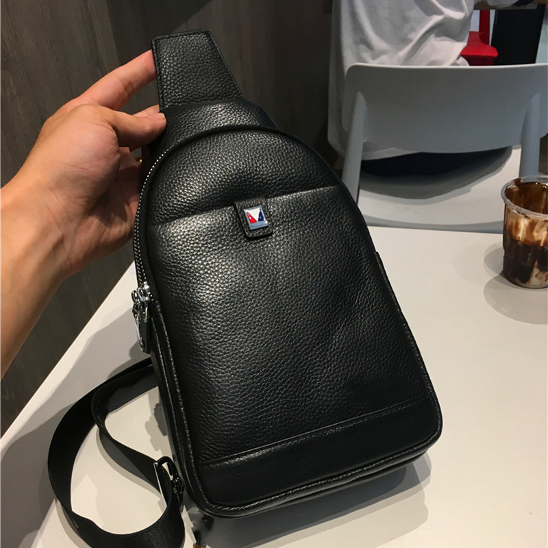 Chest bag hidden pocket cowhide leather zipper interlayer youth trend solid color men's messenger bag