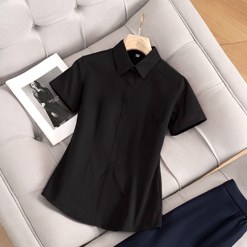 Black Short-Sleeved Shirt for Women, Summer High-End Elegant White Shirt, Fashionable and Stylish Professional Interview Workwear Top