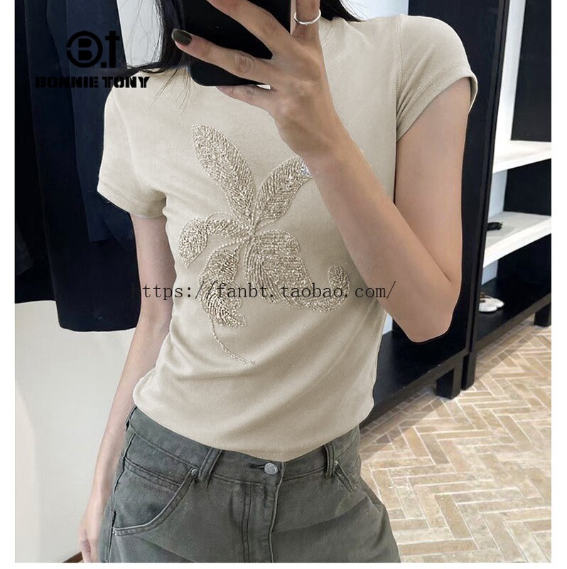 Early Autumn Heavy-Duty Floral Sequin Beaded Short-Sleeve T-Shirt with Regular Shoulders, Slim Fit, Stretchy Round Neck, Versatile Top, Base Layer Shirt Early Autumn Heavy-Duty Floral Sequin Beaded Short-Sleeve T-Shirt with Regular Shoulders, Slim Fit, Stretchy Round Neck, Versatile Top, Base Layer Shirt