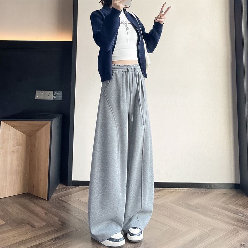 Gray Casual Curved Hem Sweatpants for Women, 2026 Spring New Style, Loose Fit, Versatile, Petite, Slimming Wide-Leg Pants