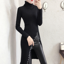 High collar sweater dresses mid-length 2022 new early spring Korean version Fashion set head stud everest knitwear