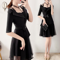 Black dress Children summer professional dress Dress Temperament Fashion Net Yarn Herben Wind Small Black Dress Cashew slim A-word dress