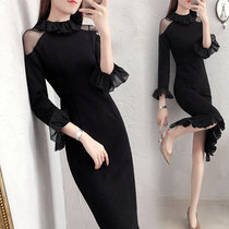 Early autumn black long-sleeved mesh dress 2021 new fashion slim-fitting hip fishtail skirt female temperament trend