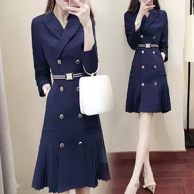 Spring and autumn blue windbreaker women's medium long version 2021 New slim blazer dress British style temperament