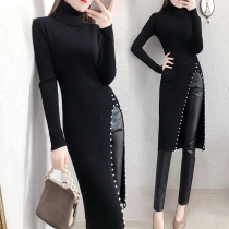 Western style sweater suit skirt female 2021 new fashion temperament goddess fan leather pants fashionable autumn and winter skirt two-piece set