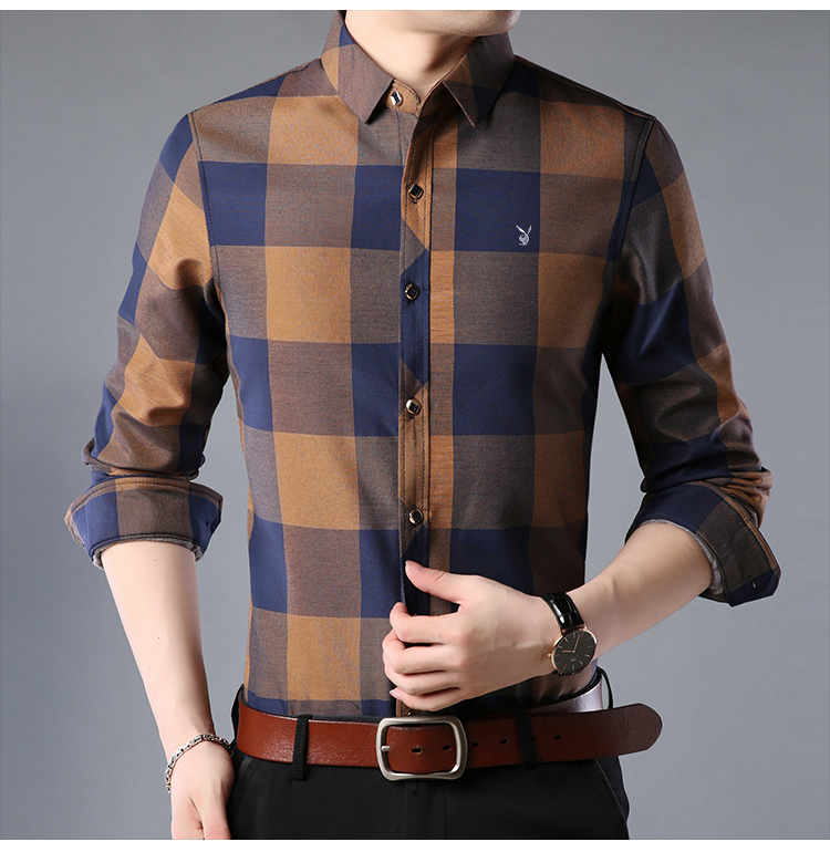 Playboy mùa thu và mùa đông nam áo ấm kẻ sọc trung niên kinh doanh cotton giản dị cộng với áo nhung dày rộng áo sơ mi nam đẹp