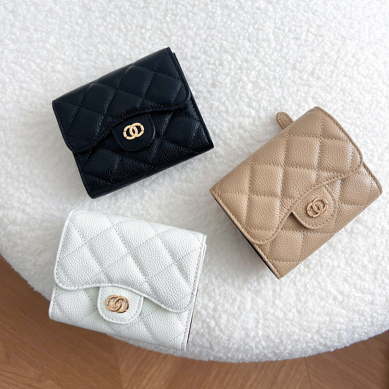 Genuine Leather Quilted Chanel-Style 70% off Wallet for Women, New Model with Multiple Card Slots, Top-Grain Cowhide Caviar Pattern Short Wallet